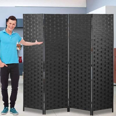 Room Dividers and Folding Privacy Screens 4 Panel 180x200 CM Foldable Portable Room Separating Divider, Handwork Wood Mesh Woven Design Room Divider Wall, Room Partitions, Black