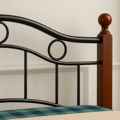 Wood And Steel Bed Size 90x190 Cherry Brown With Wooden Legs And Medicated Mattress
