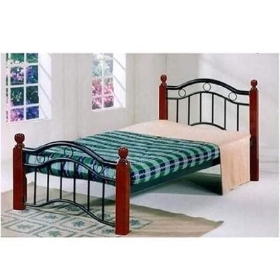 Wood And Steel Bed Size 90x190 Cherry Brown With Wooden Legs And Medicated Mattress