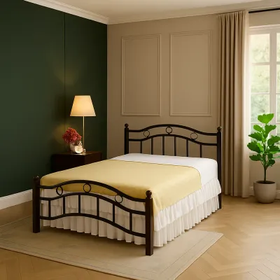 Wood And Steel Bed Size190x120 with Wooden Legs And Medicated Mattress Cherry Brown