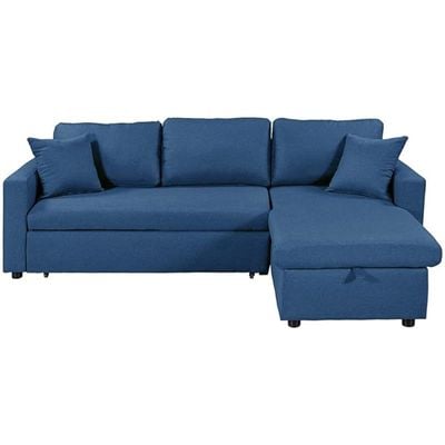 Diwan Sofa Cum Bed With Cushions L-Shaped Storage Space | Convertible Living Room Furniture (Blue)