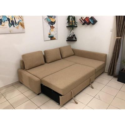 Convertible Sofa Cum Bed L-Shape Corner Sofa Plus Diwan Bed with Storage Box & Cushion for Living Room, Home, Office, Apartment, Studio Room Size 215x150x75 Centimeters KSB0021