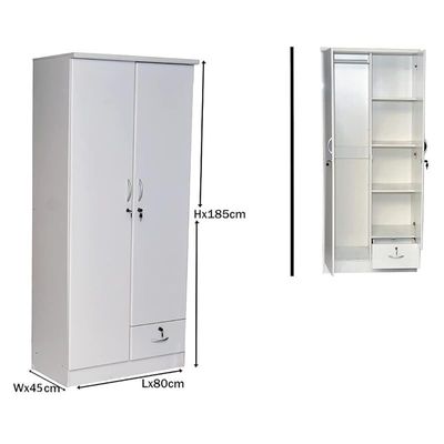 2 Door Wooden Wardrobe,Cabinet,Cupboard Of Engineered Wood With 1 Lockable Drawer Perfect Modern Stylish Heavy Duty Color (White)