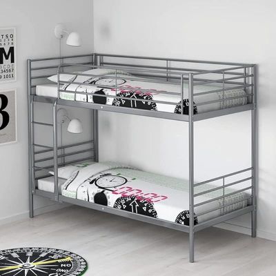 Metal Steel Bunk Bed Heavy Duty Silver & Guard Rails Sturdy for Home, Baby Home, Apartment Studio Room Size 90x190 cm