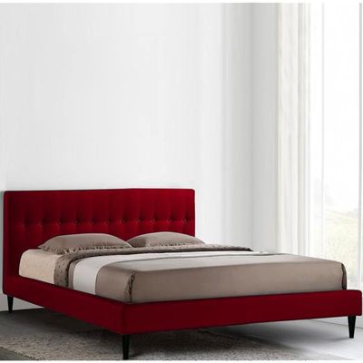 Arena Upholstered Velvet Bed Frame Bedroom Furniture Strong And Sturdy Modern Design Wooden Double Bed | Quiet & Comfortable Bed With Free Installation (180 x 200 cm, Red)