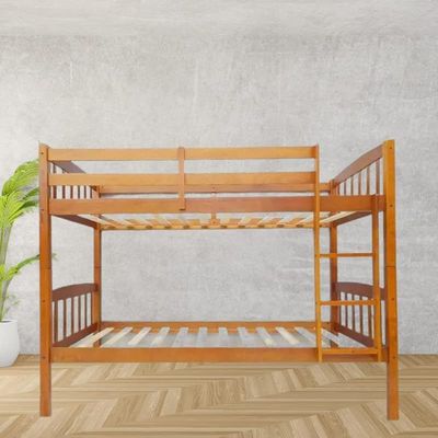 Heavy Duty Wooden Bunk Bed With Ladder for Kids, Teens, Guest Room Furniture, Solid Wooden Bedframe, Full-Length Guardrail With Medicated Mattress Color Brown