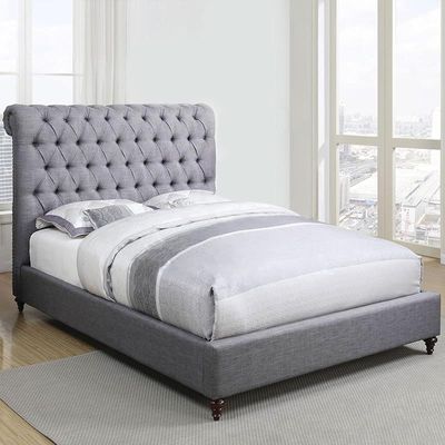Acent Rolled Top Button Tufted Upholstered Velvet Platform Bed Modern Design Free Installation (Twin: 120 x 200cm, Grey)