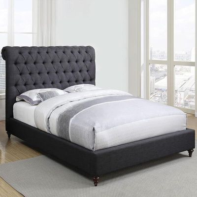 Acent Rolled Top Button Tufted Upholstered Velvet Platform Bed Modern Design Free Installation (King: 180 x 200cm, Black)