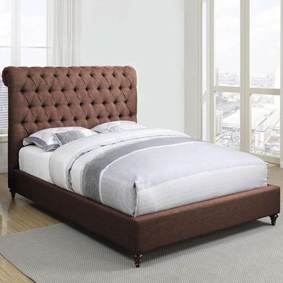 Acent Rolled Top Button Tufted Upholstered Velvet Platform Bed Modern Design Free Installation (Queen: 160 x 200cm, Brown)