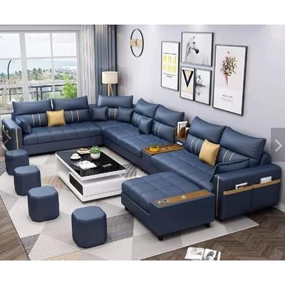 Sectional Sofa, Solid Wood Sofa for Living Room Furniture Modern Corner Faux Leather Upholstered Sofa Set Color (Dark Blue)