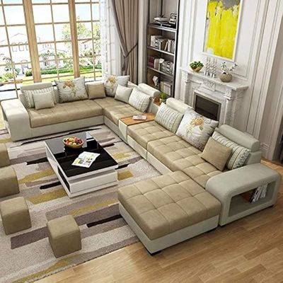 Sectional Sofa Set, Solid Wood Sofa for Living Room Furniture Modern Corner Fabric Upholstered Sofa Set Color (Cream)
