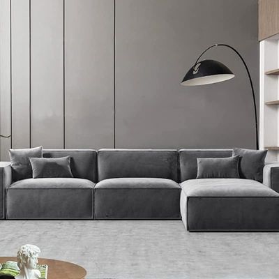 Sectional L-Shaped Luxury Sofa For Living Room Solid Wood Corner Modern Design Couch, Velvet Upholstered Color (Grey)