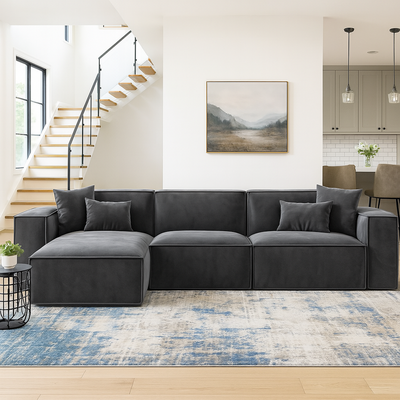 Sectional L-Shaped Luxury Sofa For Living Room Solid Wood Corner Modern Design Couch, Velvet Upholstered Color (Grey)