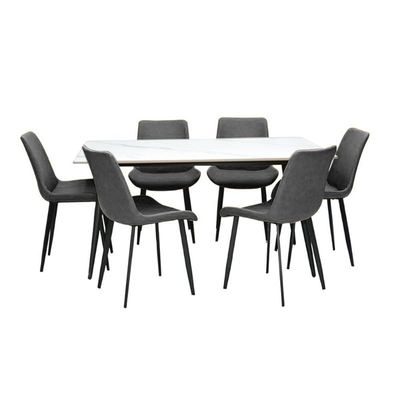 7-Pieces Dining Table Chairs Set Modern Dinner 1-Desk & 6-Chairs for Dining Room Kitchen Lounge Adjustable Table Comfortable chairs, Coffeeshop Cafeteria Set Chairs Table K-DS21 (Grey&White)