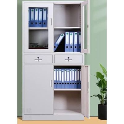Two Doors Upper Glass,Two Lockable Center Drawers and Two Lower Doors Steel wardrobe, Cabinet For Living Room,Kitchen,Office and School Color Grey