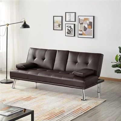 Futon Sofa Bed, Faux Leather Lounge Couch for Living Room, Convertible Upholstered Loveseat Sleeper, Small Futon Couch for Small Space w/Cup Holders and Armrest, 3 Adjustable Positions (Brown)