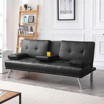 Futon Sofa Bed, Faux Leather Lounge Couch for Living Room, Convertible Upholstered Loveseat Sleeper, Small Futon Couch for Small Space w/Cup Holders and Armrest, 3 Adjustable Positions (Black)