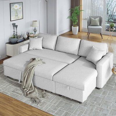 Diwan Sofa Cum Bed With Cushions L-Shaped Storage Space | Convertible Living Room Furniture (Beige)