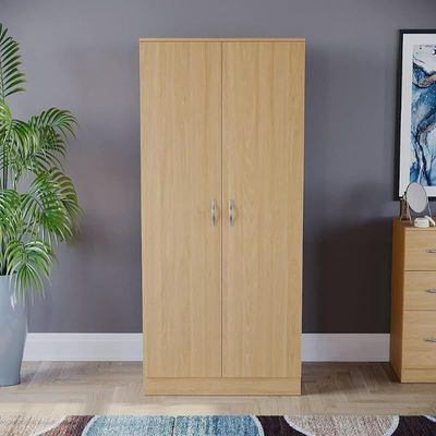 Trafford 2 Door Engineered Wood Wardrobe, Shelf & Hanging Rail Wooden Bedroom Storage Furniture Color (Beteak)