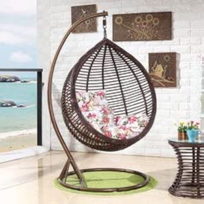 Hanging Egg Indoor Outdoor Patio Wicker Rattan Swing Chair with UV Resistant Random Washable Cushions & Iron Frame for Garden, Living Room & Backyard - Brown KSC2154
