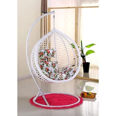 Hanging Egg Indoor Outdoor Patio Wicker Rattan Swing Chair with UV Resistant Random Washable Cushions & Iron Frame for Garden, Living Room & Backyard - White KSC2001
