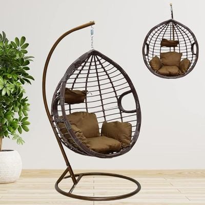 Indoor Outdoor Patio Wicker Hanging Chair Swing Egg Basket Chairs with Stand UV Resistant Cushions 120kg Capacity for Patio Backyard Balcony Color (Brown)