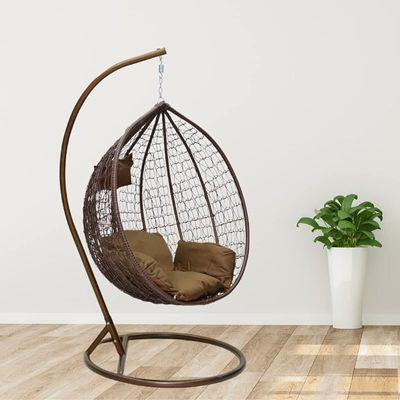 Indoor Outdoor Patio Wicker Hanging Chair Swing Egg Basket Chairs with Stand UV Resistant Cushions 120kg Capacity for Patio Backyard Balcony (Brown)