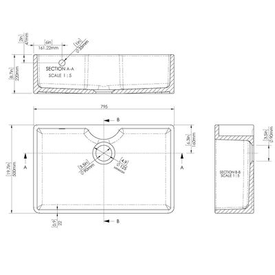 Butler Sink with Overflow & Tap Ledge 795x500x220