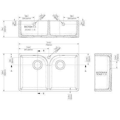 Double Butler Sink with Full Weir & Overflow 795x500x220