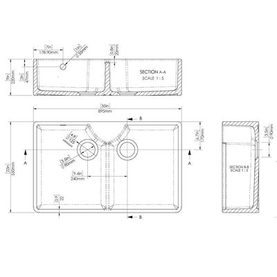 Double Butler Sink with Stepped Weir & Overflow 895x550x220