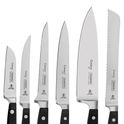 مجموعة سكاكين وحامل Tramontina Century المكونة من 7 قطع مع شفرات من الفولاذ المقاوم للصدأ ومقبض من البولي كربونات الأسود