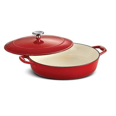 Tramontina Enameled Cast Iron Braiser | 4 Quart Capacity Non-stick Braiser Pot With Lid | Red.