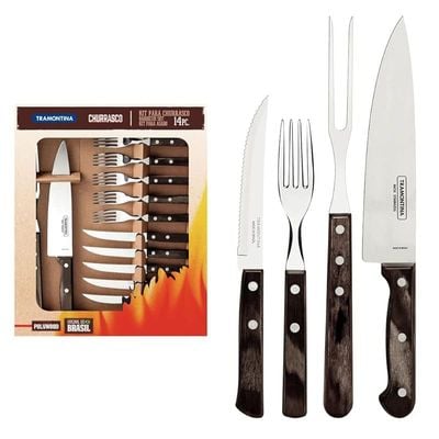 Tramontina Churrasco 14 Pieces Stainless Steel Barbecue Kit Set with Treated Brown Polywood Handles