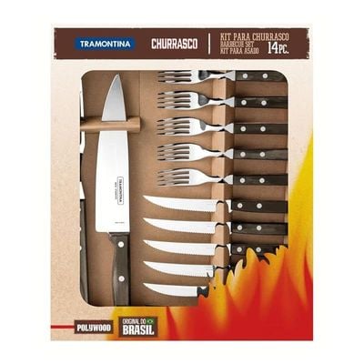 Tramontina Churrasco 14 Pieces Stainless Steel Barbecue Kit Set with Treated Brown Polywood Handles