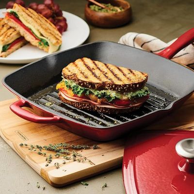 Tramontina Enameled Cast Iron Grill Pan With Press | 11in Non-stick Frying Pan Grill Wok| Blue.