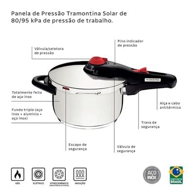 Tramontina Solar 22cm 6L Stainless Steel Pressure Cooker with Tri-ply Bottom and 5 Safety Features