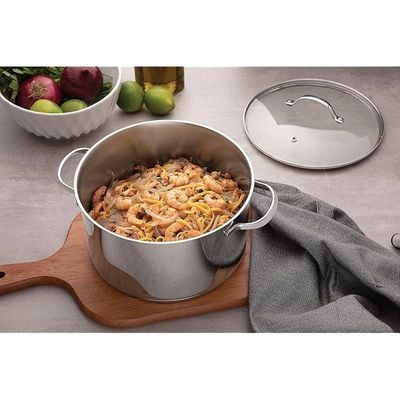 Tramontina Stock Pot 24 Centimeters Big Capacity 7.70 Liters Casserole Stainles Steel Triply Ply Bottom Induction Ready Shiny Finishing, Silver, 62285-240, Una