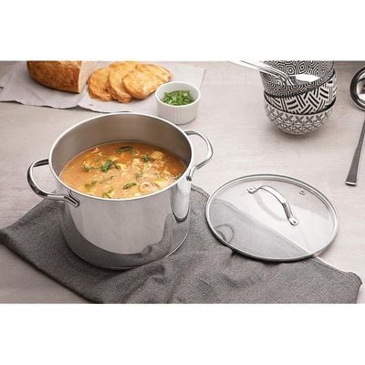 Tramontina Stock Pot 24 Centimeters Big Capacity 7.70 Liters Casserole Stainles Steel Triply Ply Bottom Induction Ready Shiny Finishing, Silver, 62285-240, Una