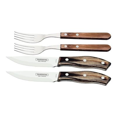 Tramontina Churrasco 4 Pieces Stainless Steel Jumbo Barbecue Flatware Set with Brown Polywood Handles and Wood Case