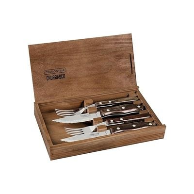 Tramontina Churrasco 4 Pieces Stainless Steel Jumbo Barbecue Flatware Set with Brown Polywood Handles and Wood Case