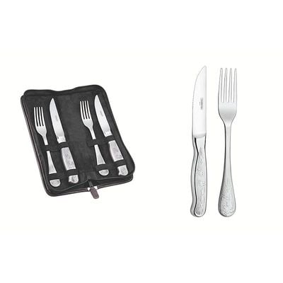 Tramontina Classic 4 Pieces Stainless Steel Barbecue Flatware Set with Polished Finish, Relief Designed Handles and Case