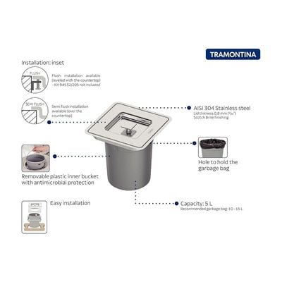 Tramontina Clean Square Stainless Steel Inset Trash Bin with 5 Liter Plastic Bucket