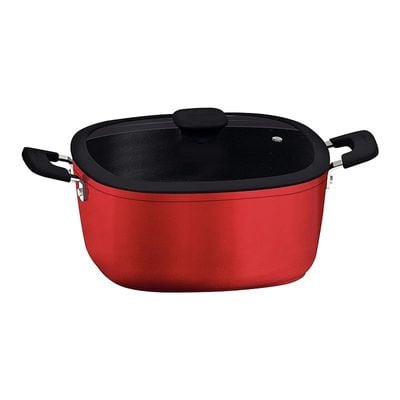 Tramontina Refinatta Rectangular Red Aluminum Casserole Dish with Interior Starflon T3 Non-stick Coating Lid and Handles, 26 cm 5.7 L