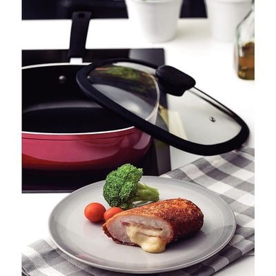 Tramontina Refinatta Rectangular Deep Red Aluminum Frying Pan With Interior Starflon T3 Mnon-Stick Coating Lid And Long Handle, 24 cm 2.8 L