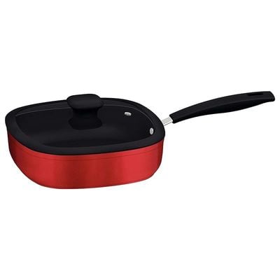 Tramontina Refinatta Rectangular Deep Red Aluminum Frying Pan With Interior Starflon T3 Mnon-Stick Coating Lid And Long Handle, 24 cm 2.8 L