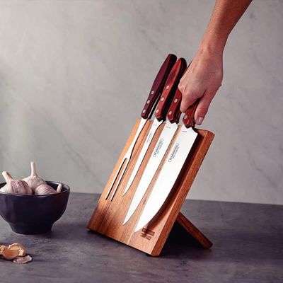 Tramontina 5 Pieces Barbecue Set with Stainless Steel Blades and Treated Red Polywood Dishwasher Safe Handle And Cutting Board