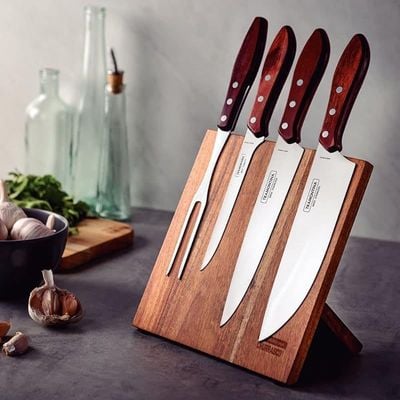 Tramontina 5 Pieces Barbecue Set with Stainless Steel Blades and Treated Red Polywood Dishwasher Safe Handle And Cutting Board