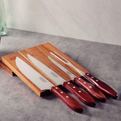 Tramontina 5 Pieces Barbecue Set with Stainless Steel Blades and Treated Red Polywood Dishwasher Safe Handle And Cutting Board