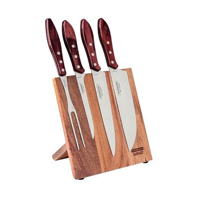 Tramontina 5 Pieces Barbecue Set with Stainless Steel Blades and Treated Red Polywood Dishwasher Safe Handle And Cutting Board