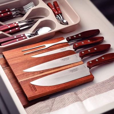 Tramontina 5 Pieces Barbecue Set with Stainless Steel Blades and Treated Red Polywood Dishwasher Safe Handle And Cutting Board